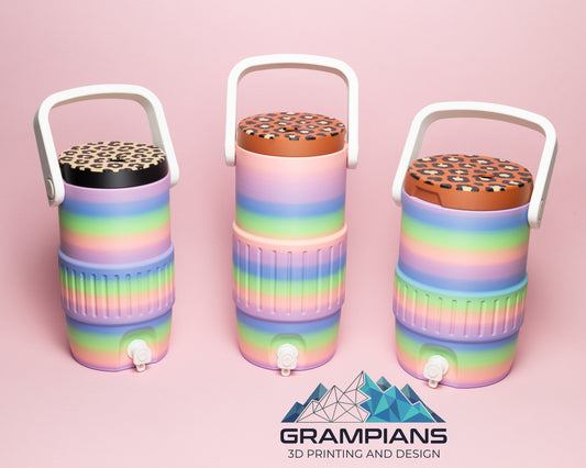 Mini Water Cooler Can Koozie | 3D Printed Drink Holder for 375ml Cans, Energy Drinks & 600ml Bottles | Sports & Pattern Lids