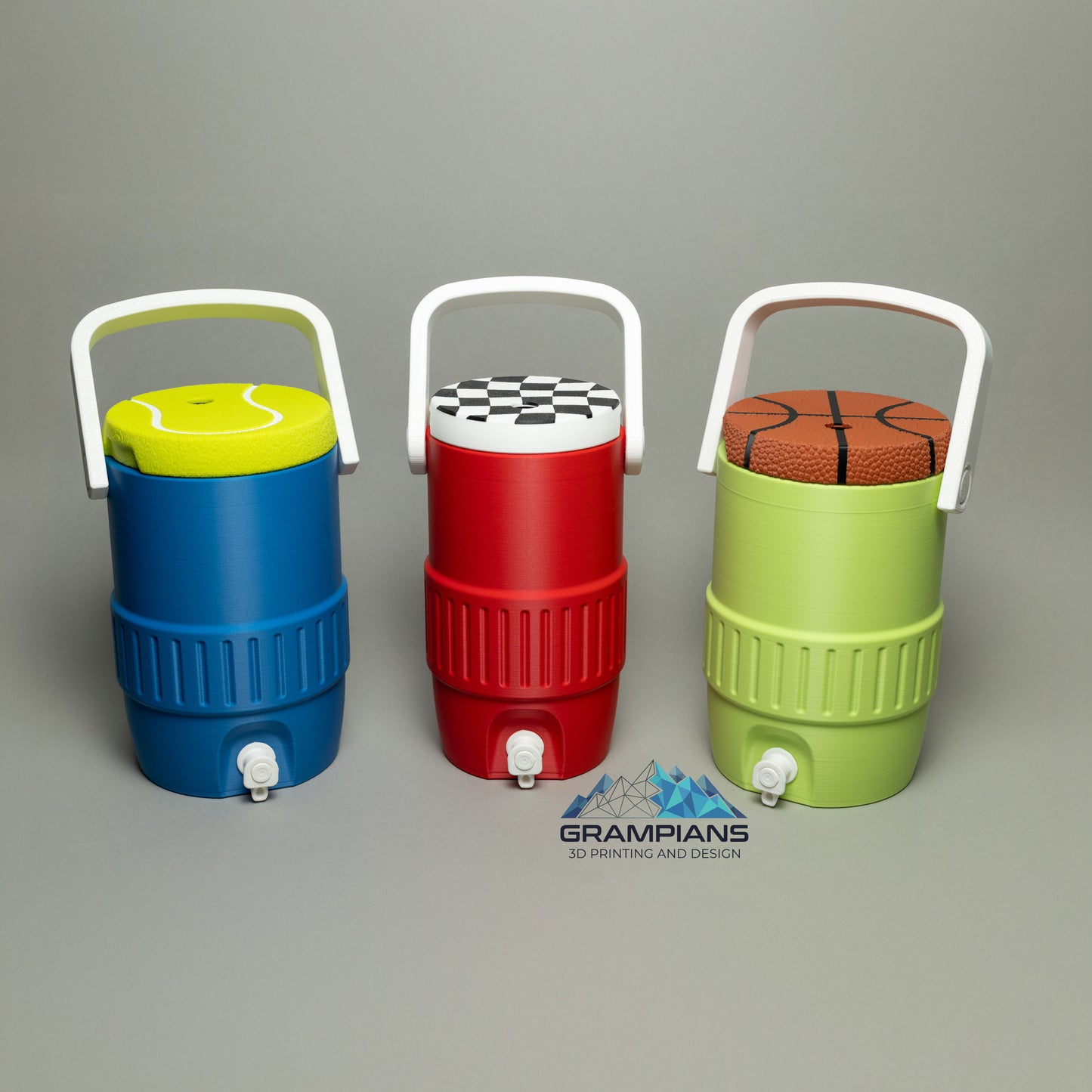Mini Water Cooler Can Koozie | 3D Printed Drink Holder for 375ml Cans, Energy Drinks & 600ml Bottles | Sports & Pattern Lids