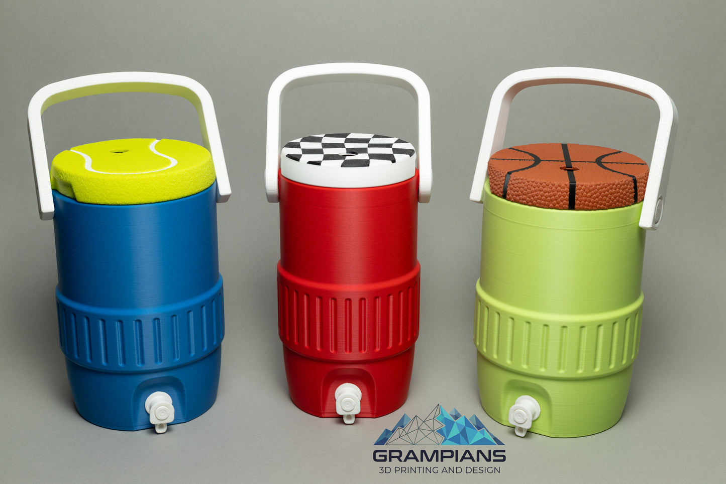 Mini Water Cooler Can Koozie | 3D Printed Drink Holder for 375ml Cans, Energy Drinks & 600ml Bottles | Sports & Pattern Lids
