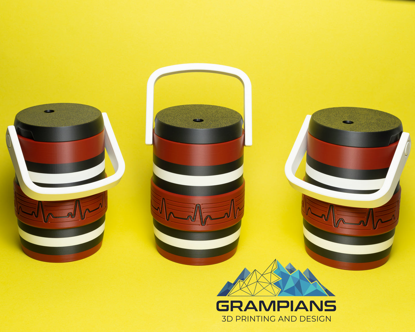 Mini Water Cooler Can Koozie | 3D Printed Drink Holder for 375ml Cans, Energy Drinks & 600ml Bottles | Sports & Pattern Lids
