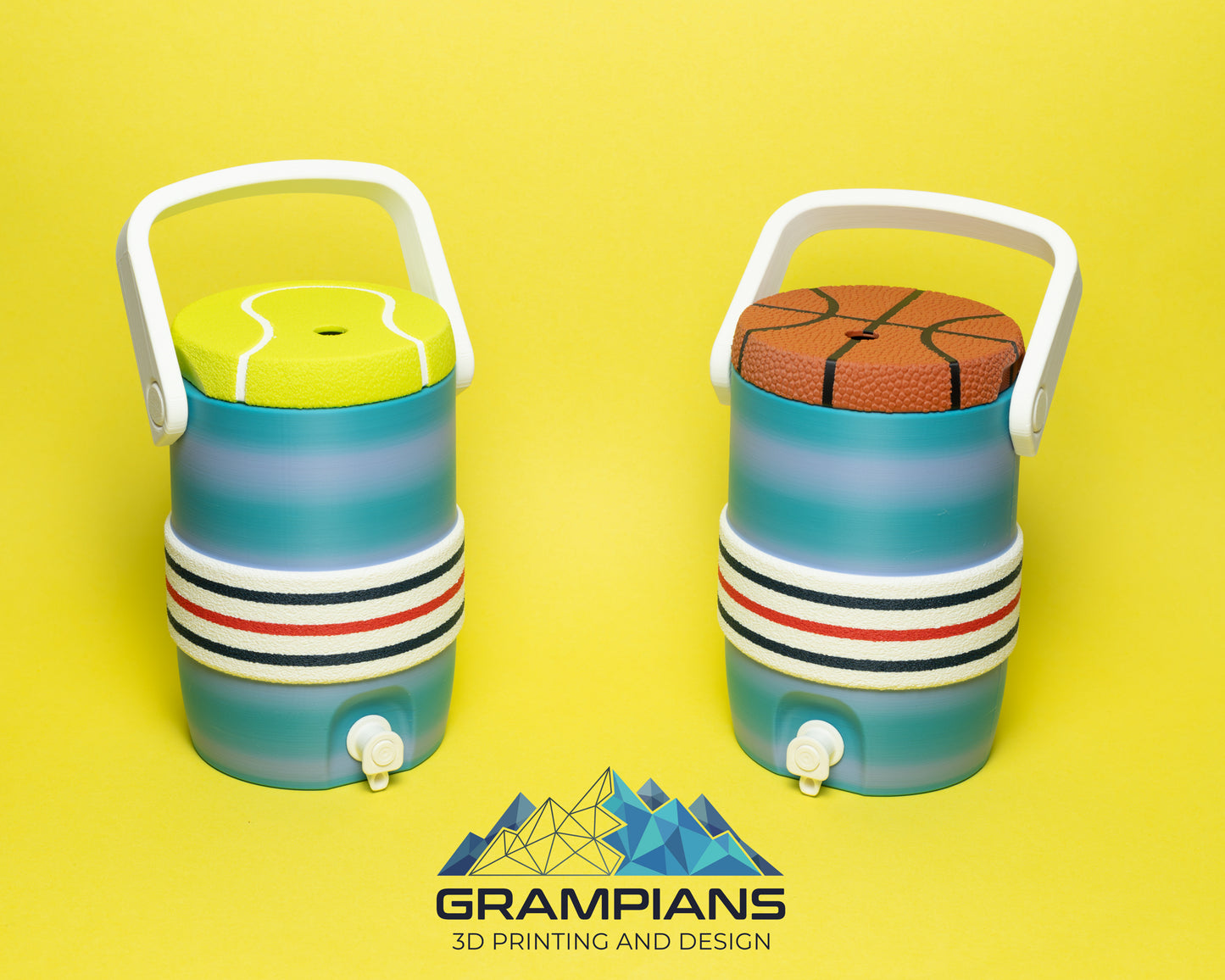 Mini Water Cooler Can Koozie | 3D Printed Drink Holder for 375ml Cans, Energy Drinks & 600ml Bottles | Sports & Pattern Lids